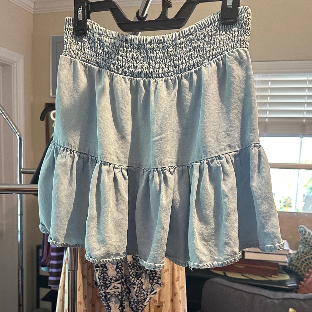 Light Blue Smocked-Waist Ruffle Mini Skirt - Women